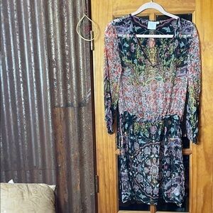 HD in Paris Black and Pink Floral Long Sleeve Sheer Dress or Tunk, Size S